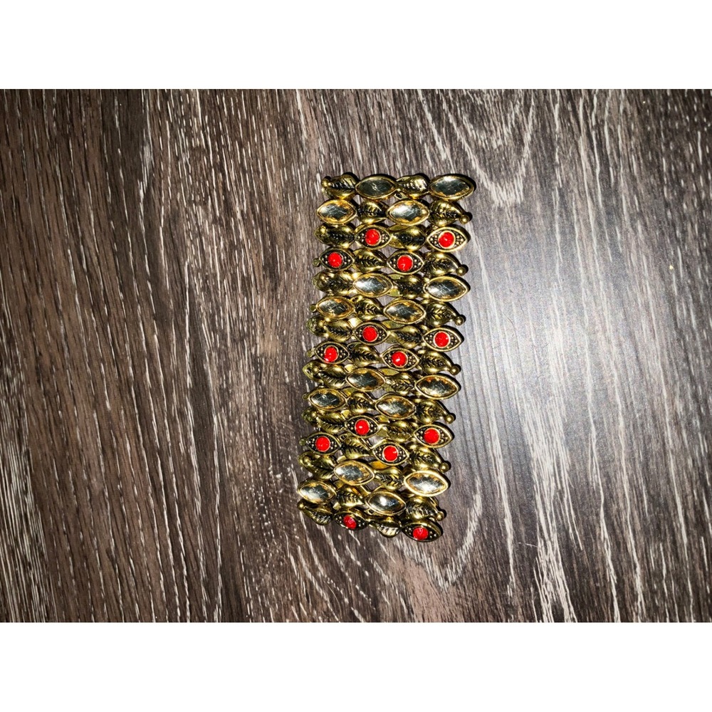 Bracelet Bohemian Antiqued Gold Tone Red Crystal Wide Cuff Unbranded Stretch‎